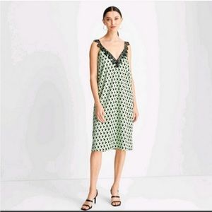 NWT Future Collective Kahlana Barfield Brown Geometric Lace Trim Satin SlipDress